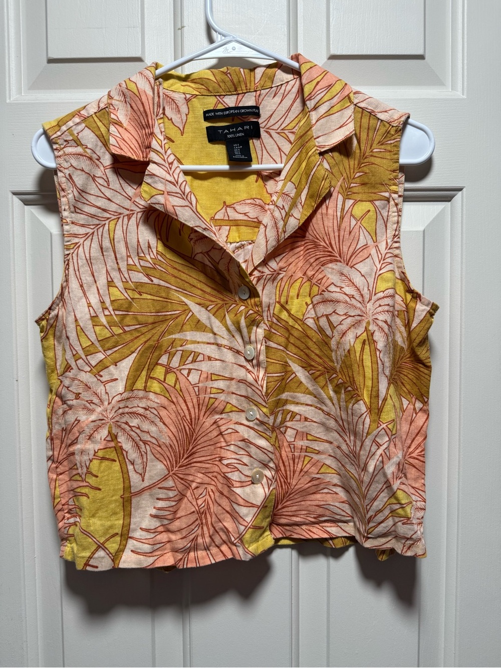 Tahari 100% Linen Tropical Button-Front Sleeveless Top Pink Yellow Size S